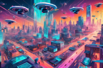 An intricate digital painting of a futuristic cityscape, with drones delivering packages, autonomous cars navigating the streets, and citizens wearing augmented reality glasses, all under a network of high-speed data streams.