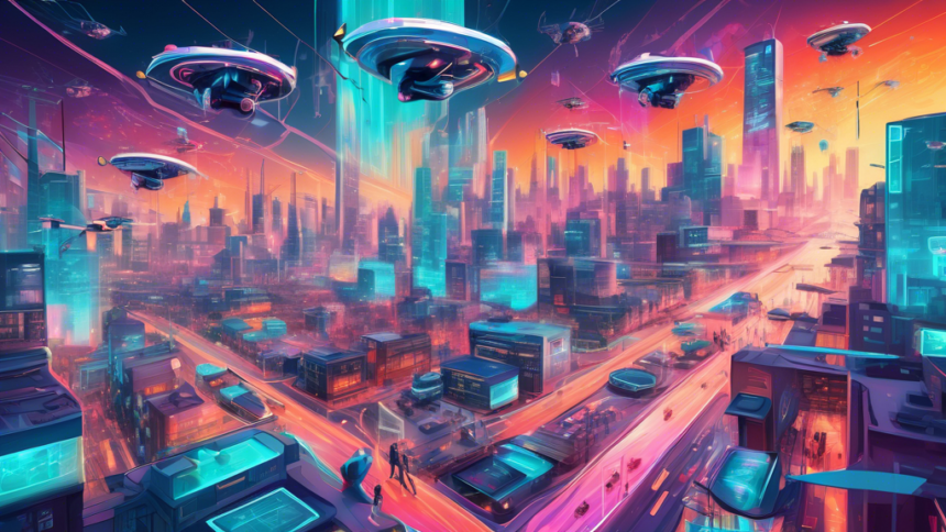 An intricate digital painting of a futuristic cityscape, with drones delivering packages, autonomous cars navigating the streets, and citizens wearing augmented reality glasses, all under a network of high-speed data streams.