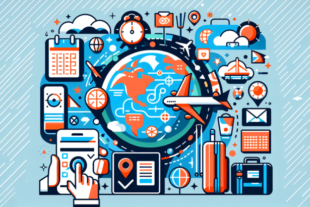 Create a modern and colorful digital illustration that visually represents top travel planning hacks for a smooth adventure. The image could include but not limited to elements such as a globe, destination markers, calendars, checklists, weather symbols, luggage bags, transport icons. There should be no words or texts.