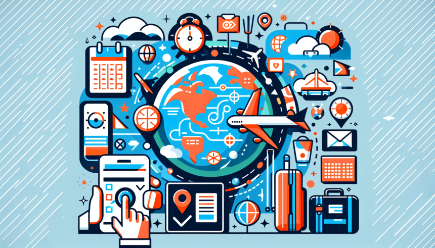 Create a modern and colorful digital illustration that visually represents top travel planning hacks for a smooth adventure. The image could include but not limited to elements such as a globe, destination markers, calendars, checklists, weather symbols, luggage bags, transport icons. There should be no words or texts.