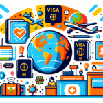 Create a vibrant and contemporary illustration depicting some key tips for a smooth and pleasant visa and immigration experience. Include symbols commonly associated with travel and migration such as passports, visas, suitcases, airplane, world globe, and immigration counters. Nevertheless, strike a balance between color and clarity to ensure the message is conveyed effectively and the image does not feel overwhelming. The mood should be positive, simple, and friendly, suggesting the process is manageable and accessible.