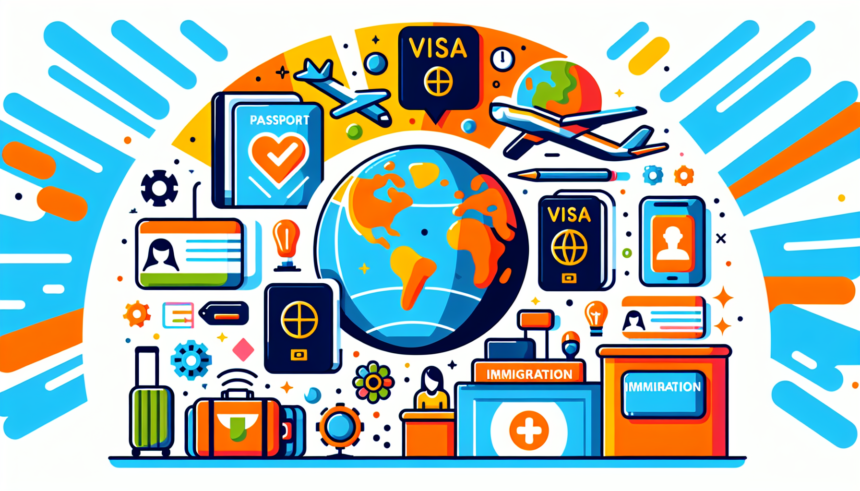 Create a vibrant and contemporary illustration depicting some key tips for a smooth and pleasant visa and immigration experience. Include symbols commonly associated with travel and migration such as passports, visas, suitcases, airplane, world globe, and immigration counters. Nevertheless, strike a balance between color and clarity to ensure the message is conveyed effectively and the image does not feel overwhelming. The mood should be positive, simple, and friendly, suggesting the process is manageable and accessible.