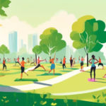 An illustration of a serene, lush green park with people of diverse ages engaging in various wellness activities such as yoga, meditation, jogging, and healthy eating, all under a clear, sunny sky