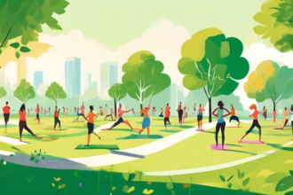 An illustration of a serene, lush green park with people of diverse ages engaging in various wellness activities such as yoga, meditation, jogging, and healthy eating, all under a clear, sunny sky