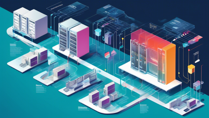 A visually engaging and detailed infographic outlining the components of IT infrastructure, including servers, network connections, and data storage, set against a digital background with a modern, clean design.