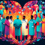 An intricate, colorful illustration showcasing a diverse group of healthcare professionals, including doctors, nurses, pharmacists, and therapists, working together in harmony around a large, glowing heart symbolizing patient care.