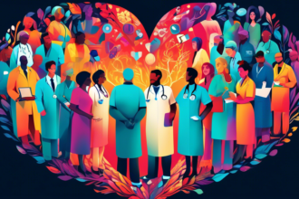 An intricate, colorful illustration showcasing a diverse group of healthcare professionals, including doctors, nurses, pharmacists, and therapists, working together in harmony around a large, glowing heart symbolizing patient care.