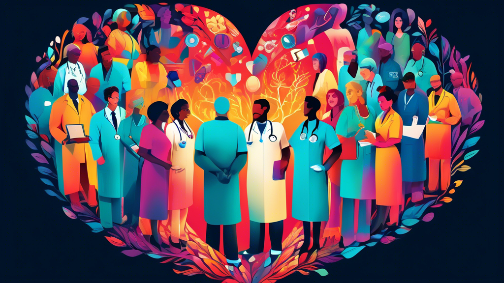 An intricate, colorful illustration showcasing a diverse group of healthcare professionals, including doctors, nurses, pharmacists, and therapists, working together in harmony around a large, glowing heart symbolizing patient care.