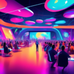 A vibrant, futuristic conference hall filled with diverse attendees, interactive tech displays, and dynamic lighting, symbolizing an exciting tech event.