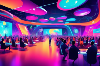 A vibrant, futuristic conference hall filled with diverse attendees, interactive tech displays, and dynamic lighting, symbolizing an exciting tech event.