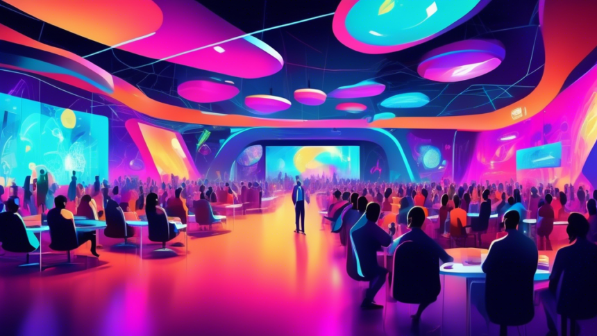 A vibrant, futuristic conference hall filled with diverse attendees, interactive tech displays, and dynamic lighting, symbolizing an exciting tech event.